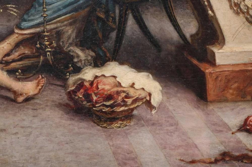 Scena d'interno, un gruppo di figure che ammirano uccelli esotici - dettaglio 1